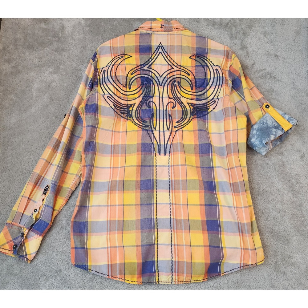 Roar Signature Shirt Mens Large Orange Plaid Embroidered Western Button Down